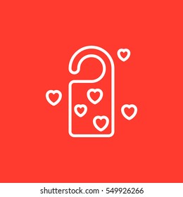 Do not disturb hanger. Door tag with hearts line icon, outline vector sign, linear white pictogram isolated on red. Symbol, logo illustration
