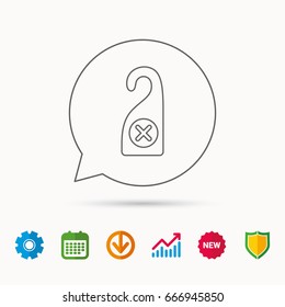 Do not disturb icon. Sleep door hanger sign. Hotel maid service symbol. Calendar, Graph chart and Cogwheel signs. Download and Shield web icons. Vector