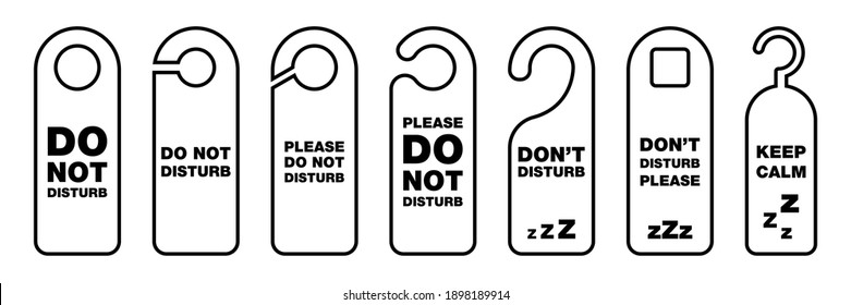 Do not disturb. Outline don't disturb label. Busy tag in hotel. Do not disturb hanging banner. Private message warn. Door tag in black. Busy symbol set. Vector illustration. EPS 10