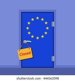 Do not disturb plate on the door handle. European Union closed door flat color vector illustration. EU stars flag cartoon image. 