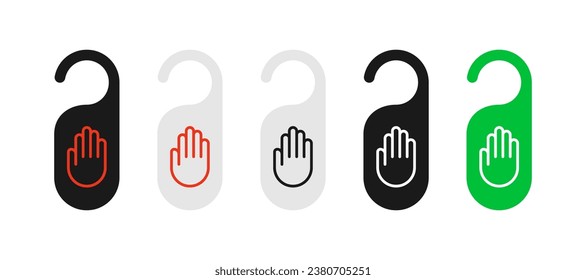 No moleste y por favor, sirva mi habitación, percha de puerta con colores rojo y verde mano, servicio de hotel, descanso, simple ilustración vectorial de estilo plano.