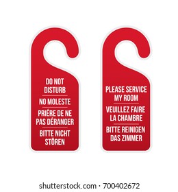 Do not disturb and please service my room door hotel signs. Different languages. Door hanger. Classic design