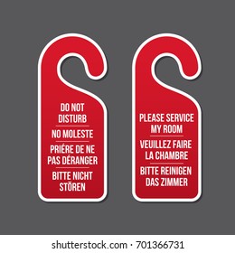 Do not disturb and please service my room door hotel signs. Different languages. Door hanger. Classic design