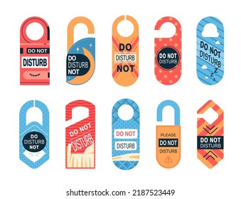 Do not disturb, room service hotel or motel signs. Vector door hangers, knob tags or handle cards with warning message, zzz sleep symbols, bed, pillow and moon. Do not disturb paper hangers set