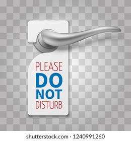 Do not disturb room vector sign. Hotel door hangers on silver realistic door handle isolated on transparent background