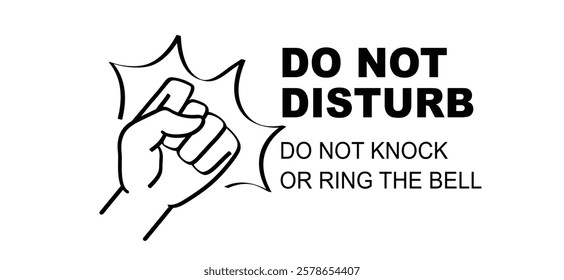 Do not disturb sign. Cartoon do not knock or ring the bell. Knock not on the door or ringing. Private, entering room. No soliciting or no sales. Stop no doorbell or throb.