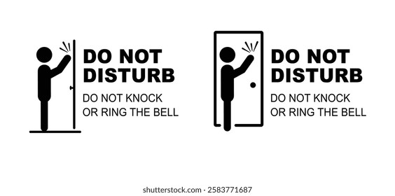 Do not disturb sign. Cartoon do not knock or ring the bell. Knock not on the door or ringing. Private, entering room. No soliciting or no sales. Stop no doorbell or throb.