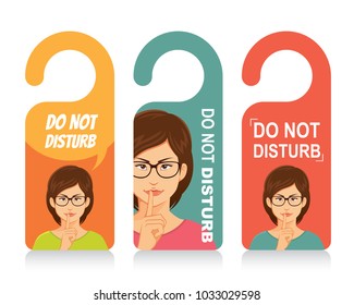 Do Not Disturb Sign with girl wearing glasses keeping finger on her lips cartoon vector illustration