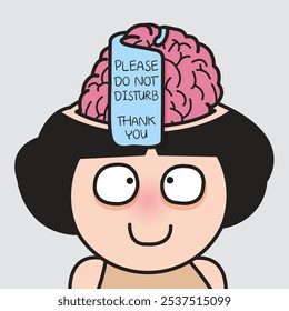 Do Not Disturb Sign Hang On Young Woman's Brain concept cartoon character illustration