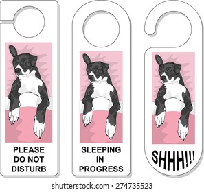 Do not disturb sign - stylized vector sign isolated on white background. Label for door handle. Illustration of black / gray and white dog sleeping peacefully, belly up, in a bed, under the sheets