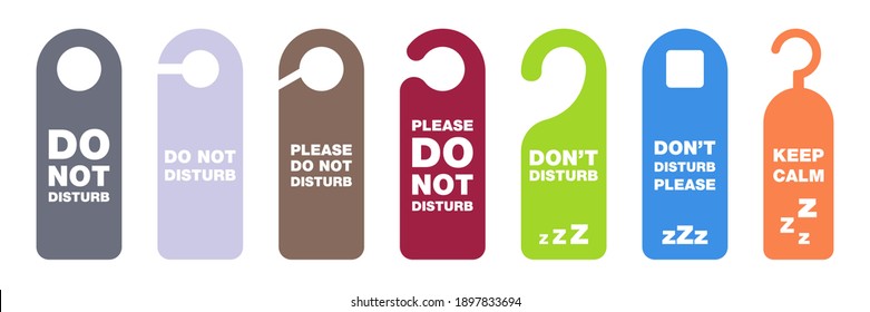 Do not disturb tag. Don't disturb banner in hotel. Please do not disturb collection. Hanging label in hotel. Private time message. Warning symbol on door. Colorful privacy tag set. Vector EPS 10