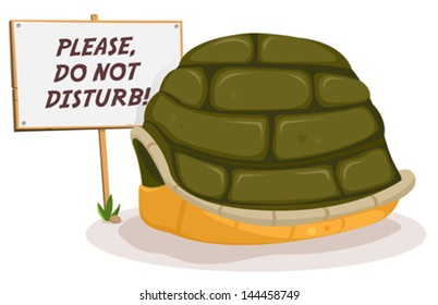 Do Not Disturb Turtle Sleeping/ Illustration of a funny happy and cute cartoon green tortoise character shell in winter sleeping with wood sign message warning