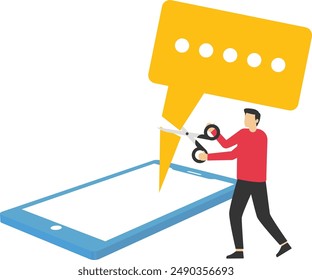 Do not disturb. Uses scissors to cut out the message. Block unwanted messages, filter messages from unknown senders. Flat vector illustration.

