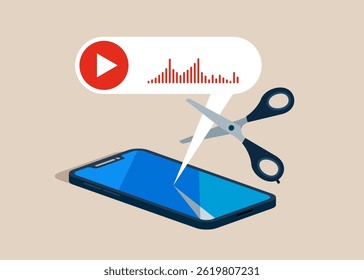Do not disturb. Uses scissors to cut out the voice message. Block unwanted voice messages, filter voice messages from unknown senders. Flat vector illustration.