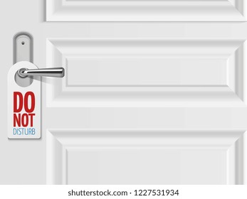 Do not disturb vector concept. White door background with realistic metallic door handle with plastic blank