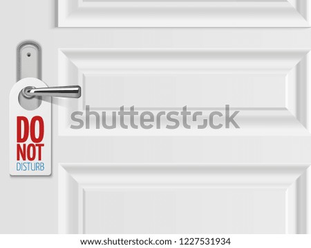 Do not disturb vector concept. White door background with realistic metallic door handle with plastic blank