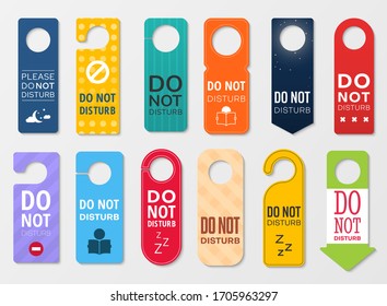 Do not disturb vector door hanger signs. Hotel room door handle or knob tags, labels or cards with do not disturb, prohibition or warning signs, quiet, sleep or busy messages for motel, resort, office