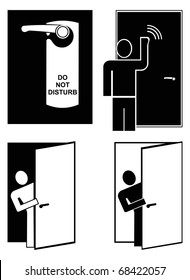 Do not disturb - vector icons. Pictogram. The man knocking at the door. Black on white.