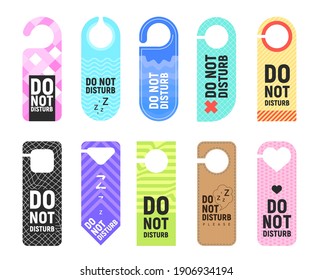 Do not disturb vector signs of door hanger, hotel room hanging card, tag or label templates. Door knob or handle cardboard signs with geometric pattern and warning messages, motel or resort design