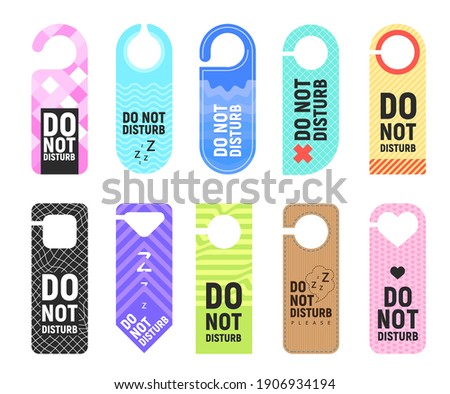 Do not disturb vector signs of door hanger, hotel room hanging card, tag or label templates. Door knob or handle cardboard signs with geometric pattern and warning messages, motel or resort design