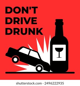 Do not drink alcohol while driving. Abstract image of a car hitting a bottle of alcohol. A call not to drive drunk.