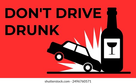 Do not drink alcohol while driving. Abstract image of a car hitting a bottle of alcohol. A call not to drive drunk.