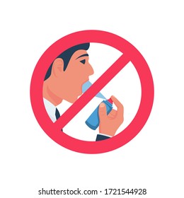 No beba antibacteriano Prohibición del uso de desinfectante. El hombre sostiene el pulverizador en la mano. Abre la boca. Signo de parada roja. Diseño plano de ilustración de vector. Coronavirus Prevention covid-19. El hombre usa un antiséptico