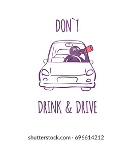 do not drink and drive sign, comic abstract character drink alcohol and drive car, hand drawn doodle illustration.