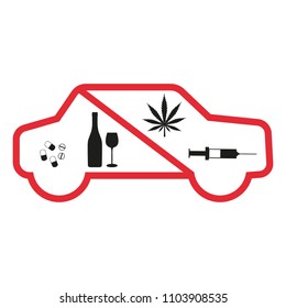 do not drink and do not use drugs in the car drive sign. warning banner in red circle