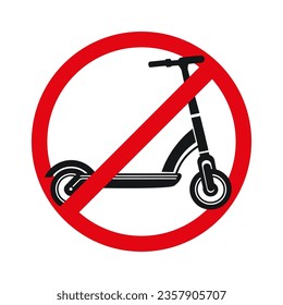 Fahre hier keinen elektrischen Roller. Rotes Prohibition-Zeichen mit Elektro-Roller. Hör auf. Vektorgrafik