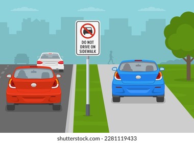 Do not drive on sidewalk traffic sign. Car moves on the sidewalk to avoid a traffic jam. Back view of a traffic flow. Flat vector illustration template. - Shutterstock ID 2281119433