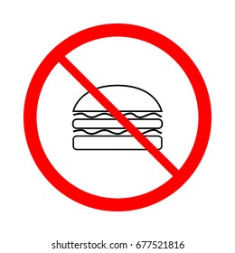 Do not eat black sign in red circle. Icon restriction eating on white background. Healthy food concept. Sticker silhouette forbidden eating and drink. Flat vector image. Vector illustration.