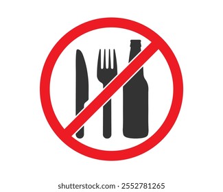 Ícone de símbolo de sinal de não comer ou beber. Sem logotipo de comer ou beber. Proibição, proibida, não permitida, proibida, proibida. Ilustração vetorial. Isolado no fundo branco.