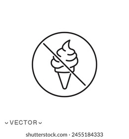 do not eat ice cream icon, prohibition with ice cream, thin line symbol isolated on white background, editable stroke eps 10 vector illustration