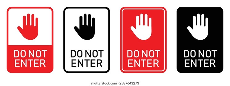 Do not enter forbidden sign symbol. Set of stop red sign icon with hand, do not enter. Red traffic car and Baik stop hand signal. Warning stop symbol. Vector illustration.