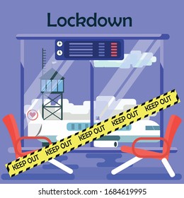 Do not enter the gate in the airport, 
 The concept of an outbreak of coronavirus COVID-19 lockdown 
the borders of cities and countries during the coronal virus quarantine flat vector design