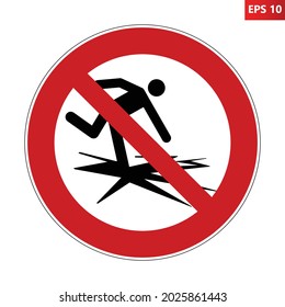 No introduzca el signo de prohibición de hielo. El rojo tachó la señal del círculo con un hombre cayendo sobre hielo agrietador. Ilustración vectorial del riesgo de caer en agua fría. Acceso denegado. No hay patinaje sobre hielo. No camines. 