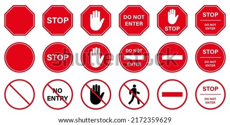 Do Not Enter Red Circle Symbol. Caution No Allowed Entry Stop Road Sign. Entrance Prohibited. Warning Palm Hand Ban Access Silhouette Icon. Forbidden Traffic Pictogram. Isolated Vector Illustration.