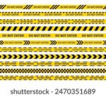 Do not enter ribbons criminal accident. Yellow seamless striped tapes on white background. Police warning barrier tapes for crime scenes. Set of caution bands criminal accident place. Vector illustrat