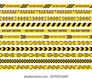 Do not enter ribbons criminal accident. Yellow seamless striped tapes on white background. Police warning barrier tapes for crime scenes. Set of caution bands criminal accident place. Vector illustrat