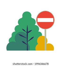 Do not enter road sign on nature landscape background. Modern flat vector illustration. Social media template.