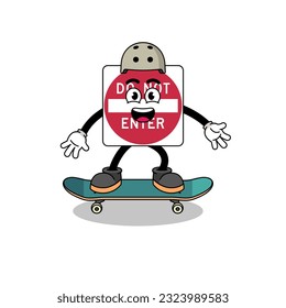 do not enter road sign mascot playing a skateboard , character design