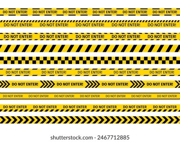 Do not enter seamless ribbons. Police warning yellow tape. Striped boundary lines on white background. Barrier tapes for crime scenes. Set of caution bands criminal accident place. Vector illustration