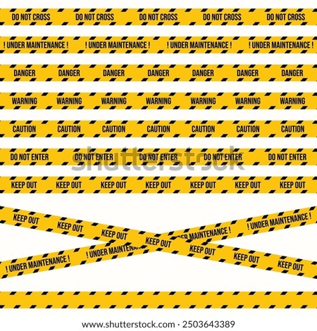 Do not enter seamless sign with black and yellow colors for police. Restricted or construction area tape design. Crime scene restriction tape vector with different text and blank space.