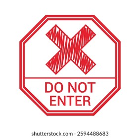 Do not enter signs icon clipart. Red do not enter text with octagon outline border and hand drawn symbol clip art for caution, dangerous and prohibited safety warning vector illustration.