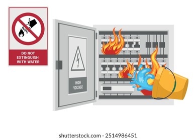 Não extingue com água. Reação perigosa resultante da aplicação de água a uma substância em combustão. Painel elétrico em curto-circuito e em chamas. Apagar o fogo com um balde de água