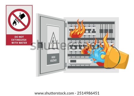 Do not extinguish with water. Dangerous reaction from the application of water to a burning substance. Electrical panel short circuited and on fire. Putting out the fire with a bucket of water