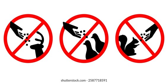 Do not feed the animals wildlife signs set. Vector illustration.