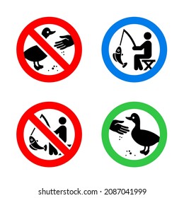 Do not feed birds and No fishing forbidden signs, modern red round sticker set