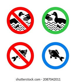 Do not feed birds and No fishing forbidden signs, modern red round sticker set